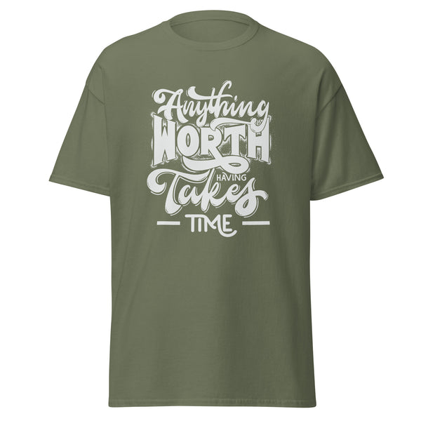 T-Shirt Classic - Anything worth having white Military Green ein Produkt von SCHIETKRAM