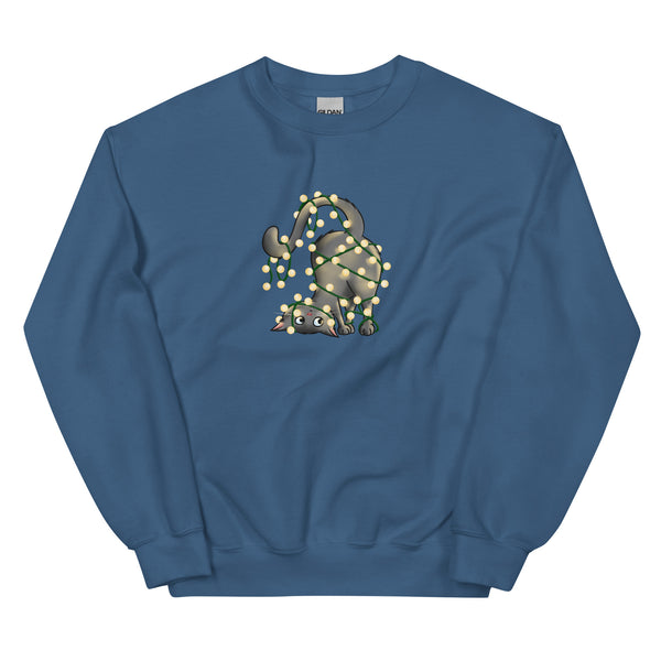 Sweatshirt - Weihnachts-Katze Lichterkette by Wanderkraehe Indigo Blue ein Produkt von SCHIETKRAM